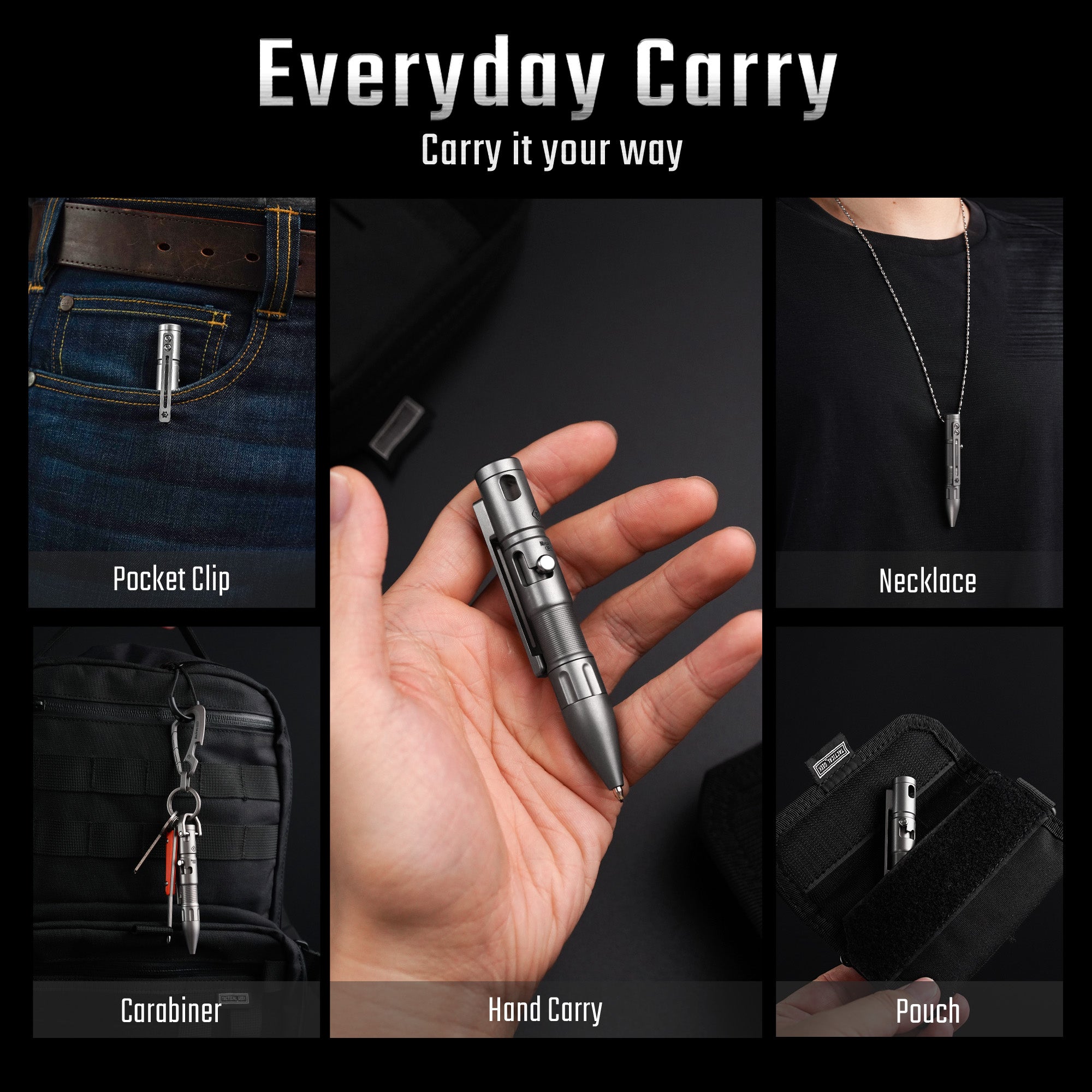 TPX11 everyday carry options with pocket clip, carabiner, hand carry, necklace, and pouch.
