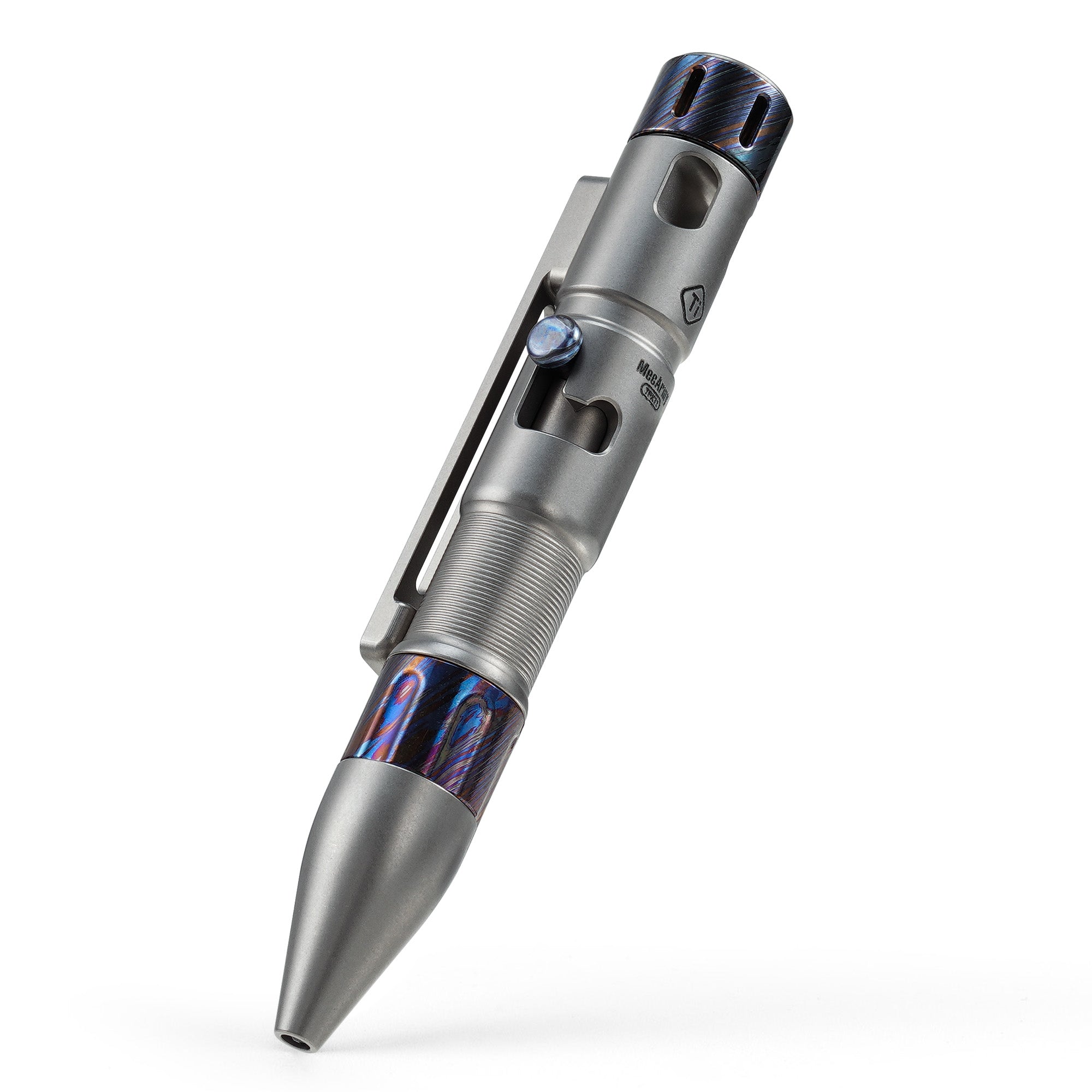 MecArmy TPX11 titanium bolt-action pen with zirconium Damascus spinner, grip, and bolt accents.