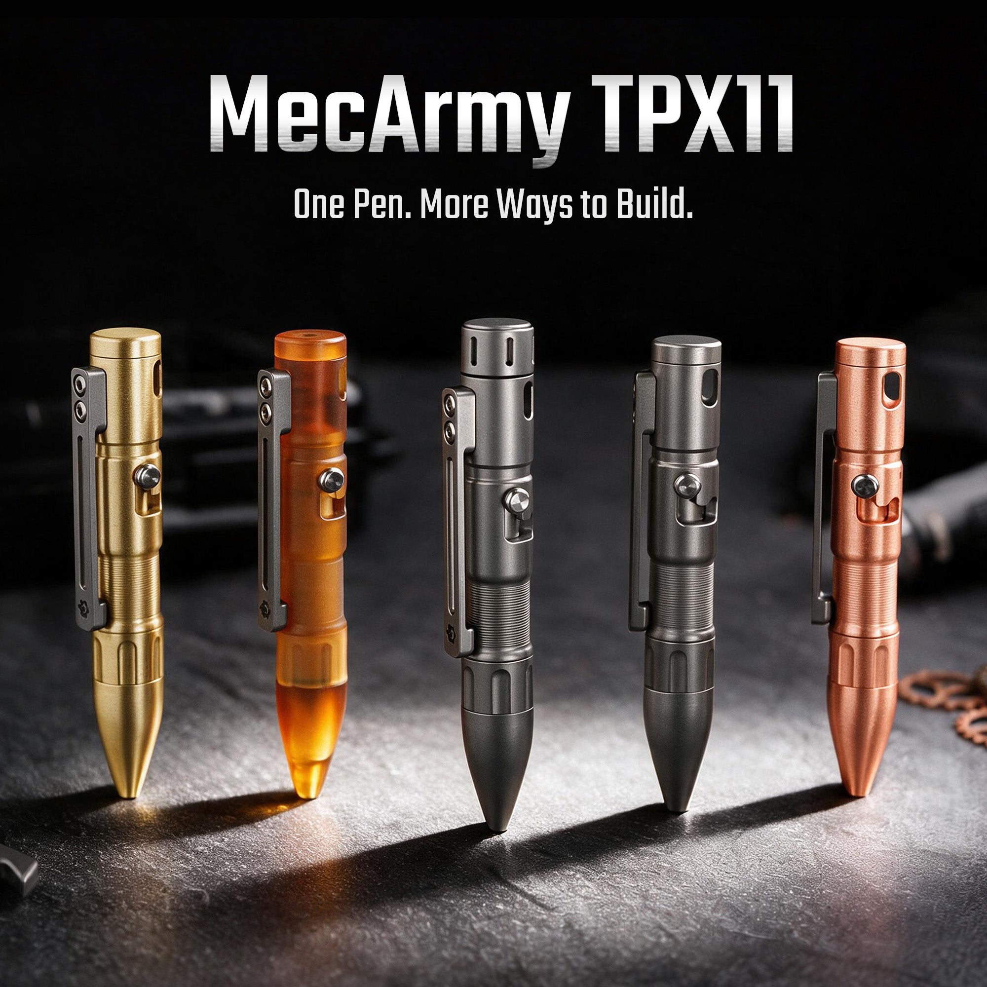 MecArmy TPX11 modular bolt-action pens in brass, PEI, titanium, and copper finishes.