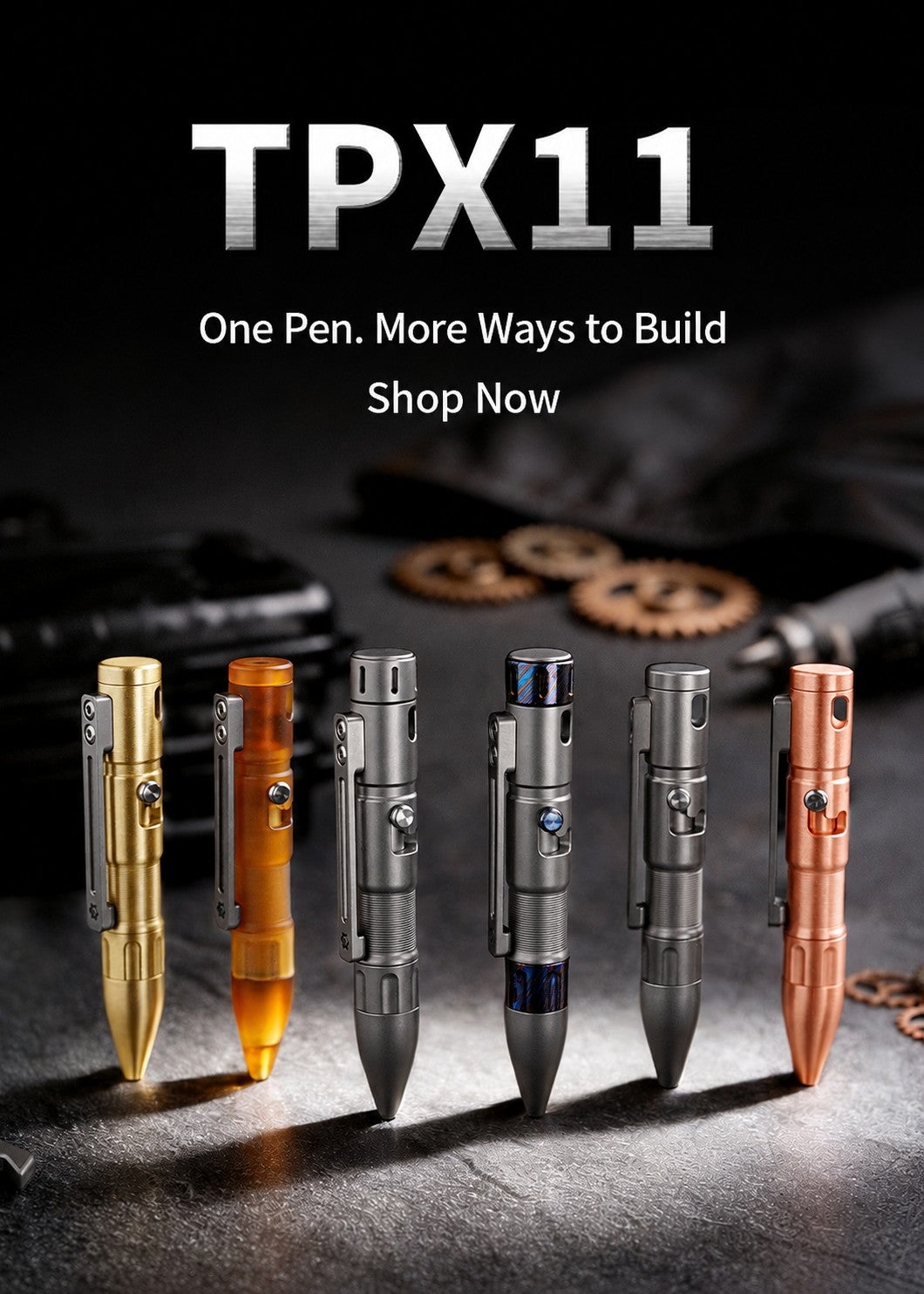 MecArmy TPX11 modular bolt-action pen lineup with multiple materials and customizable component combinations.