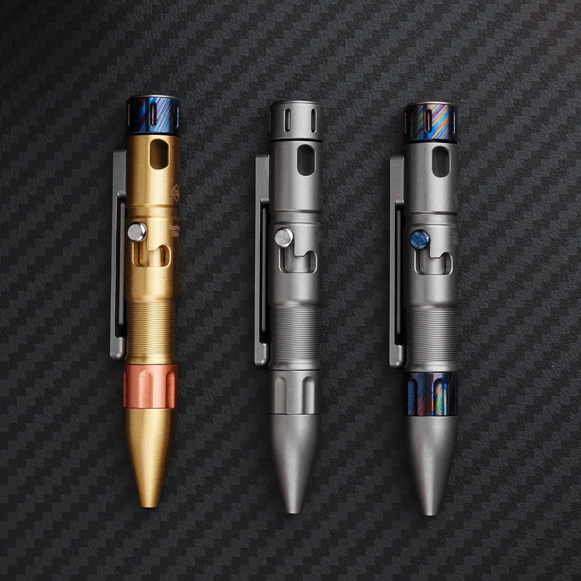 MecArmy TPX11 pens showing interchangeable spinner tops, grips, and bolt combinations.