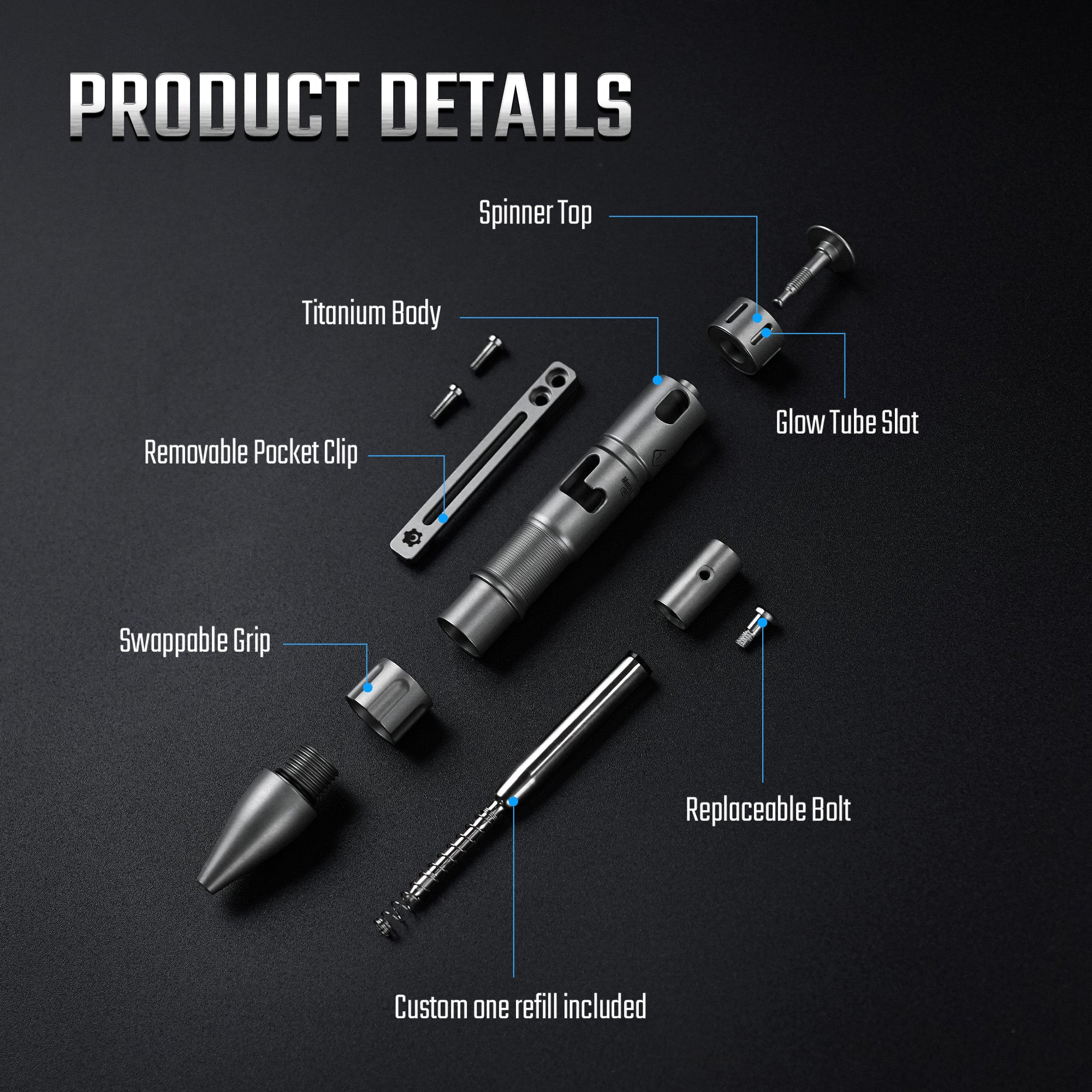 MecArmy TPX11 exploded view showing spinner top, titanium body, removable clip, grip, bolt, and refill.