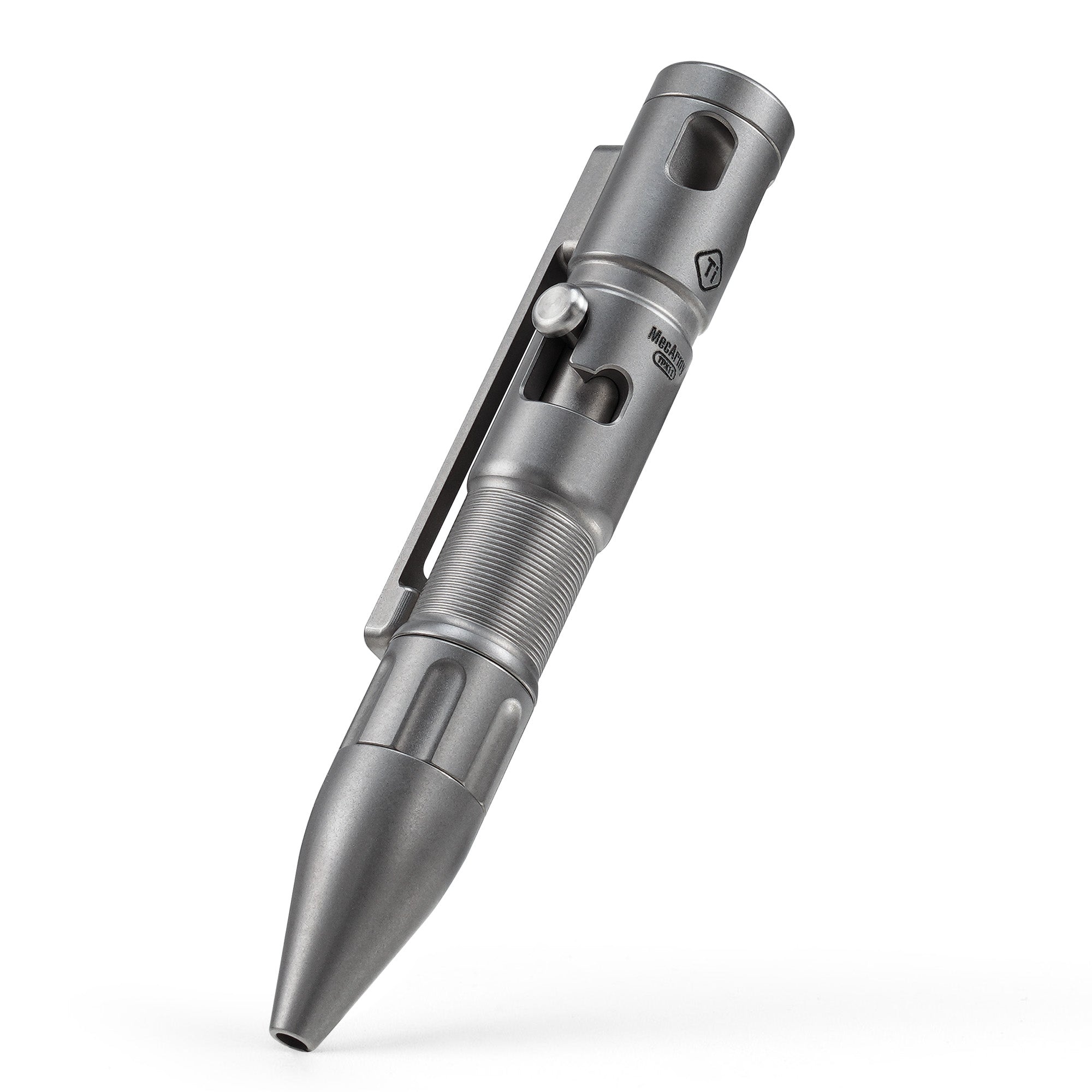 MecArmy TPX11 modular bolt-action pen in titanium with removable pocket clip.