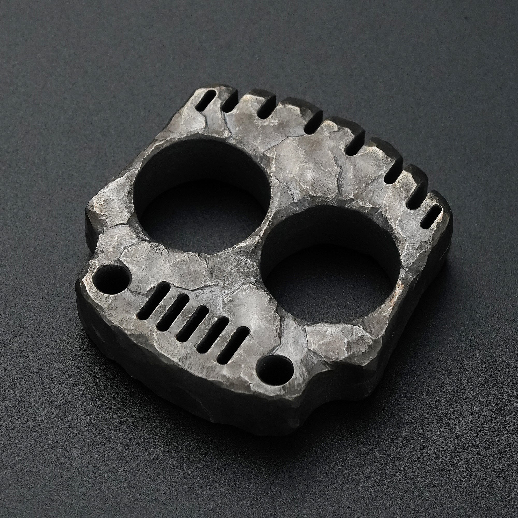 MecArmy TKF-HC hand-carved titanium EDC knuckle front view with one-of-a-kind rock-textured carving