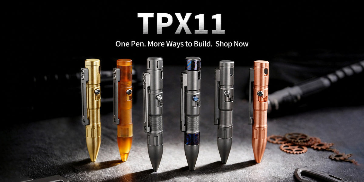 MecArmy TPX11 modular bolt-action pens in brass, PEI, titanium, zirconium Damascus, and copper configurations.