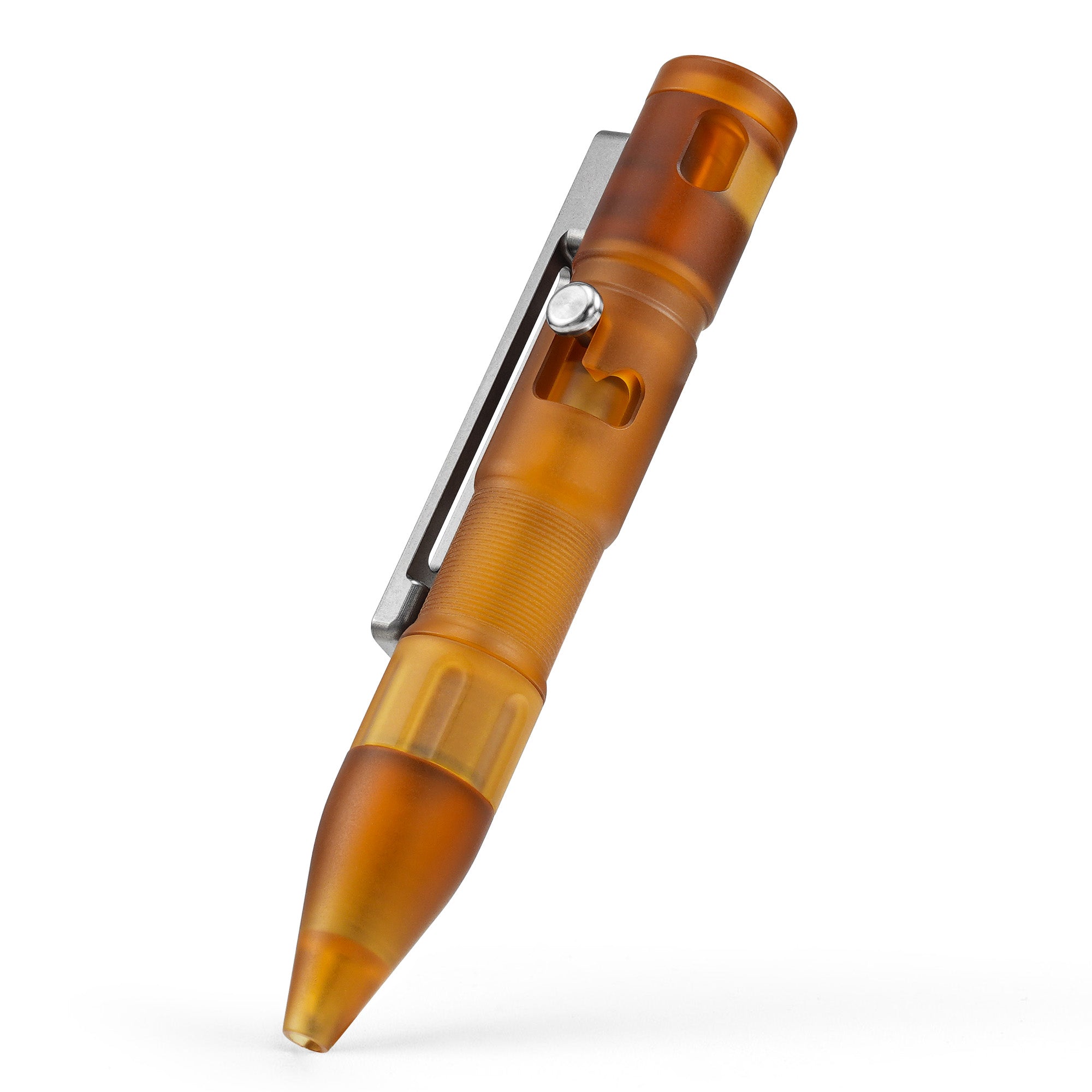 MecArmy TPX11 modular bolt-action pen in translucent amber PEI with removable pocket clip.