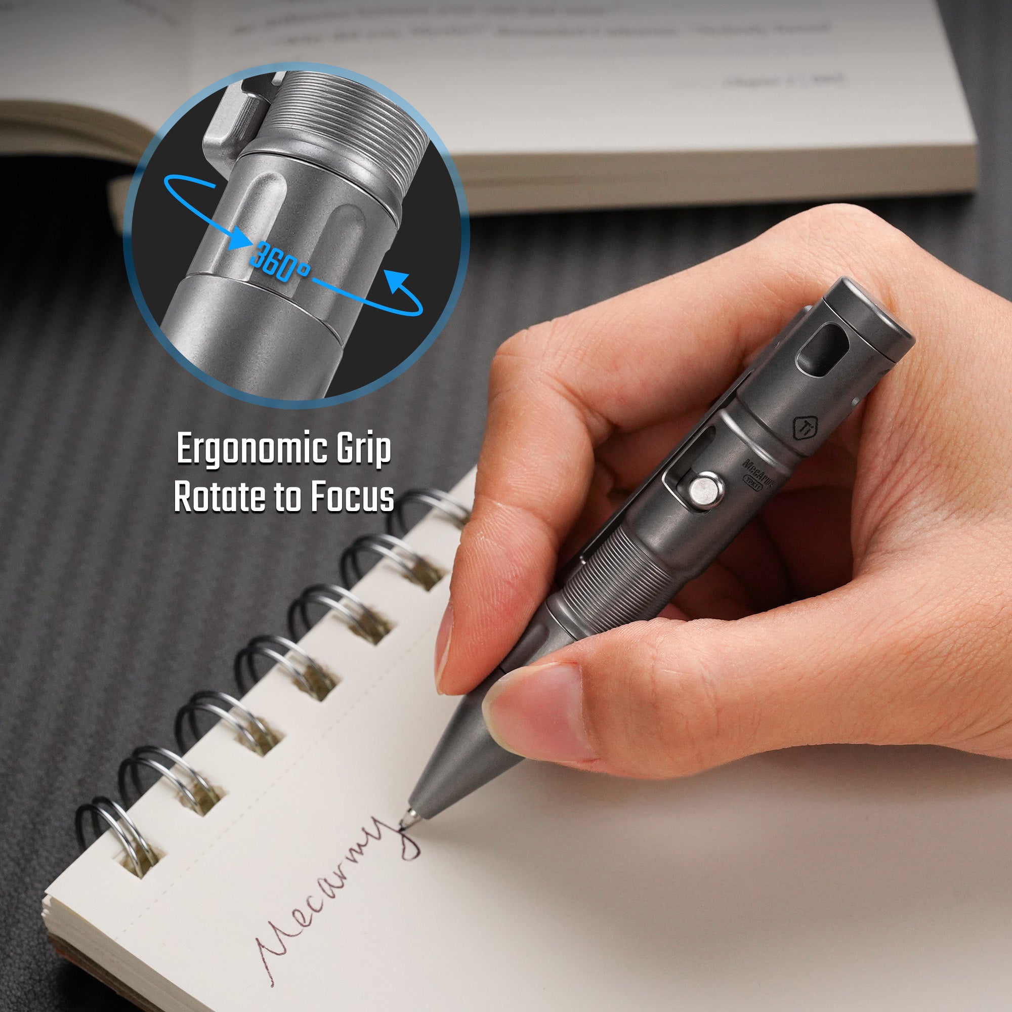 MecArmy TPX11 modular bolt-action pen with 360-degree rotating grip while writing in a notebook.