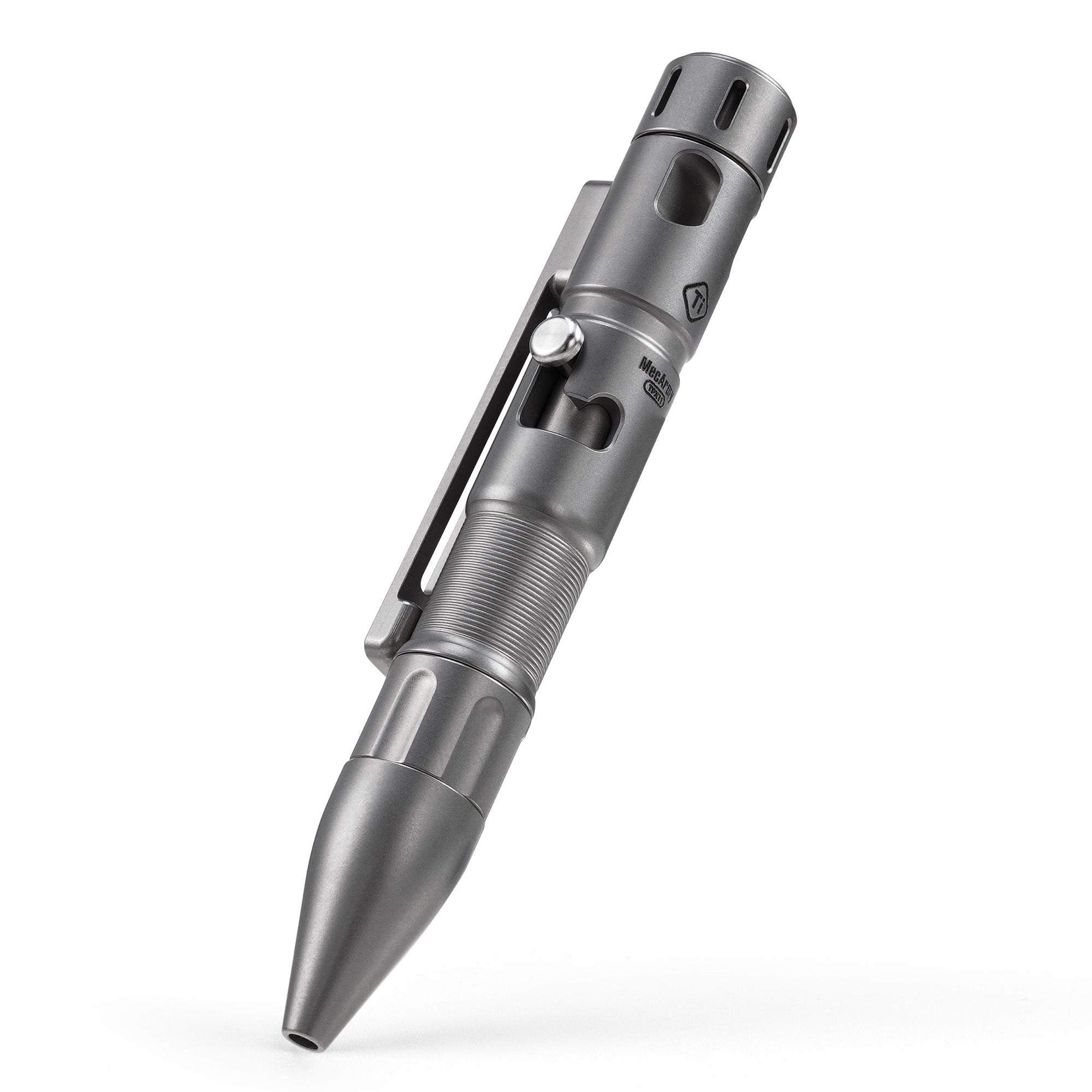 MecArmy TPX11 titanium bolt-action pen with modular spinner top and removable pocket clip.